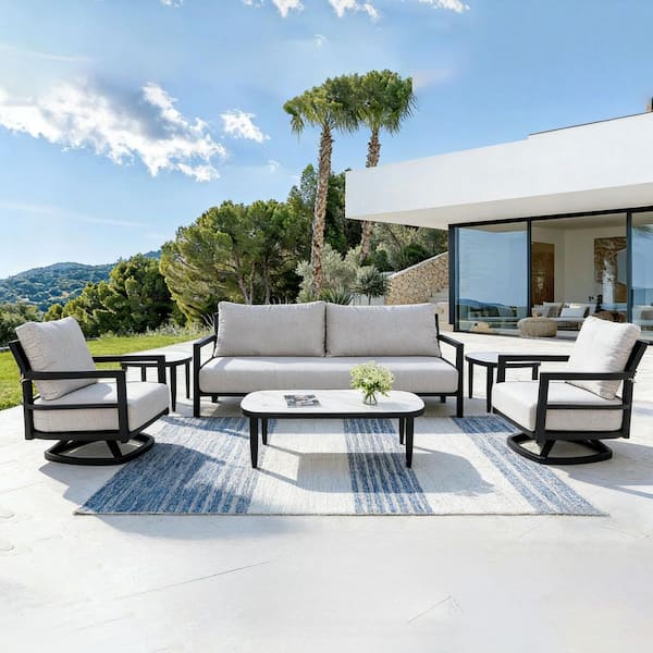 Black 6-Piece Conversation Set with Gray Cushion Sunbrella, 360 Swivel Chairs & Coffee Table Marble-Inspired