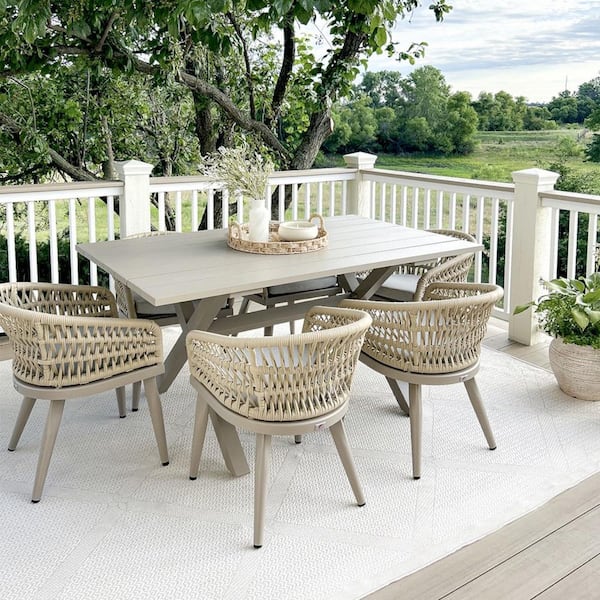 7-Piece Aluminum All-Weather PE Rattan Rectangular Outdoor Dining Set with Cushion, Champagne