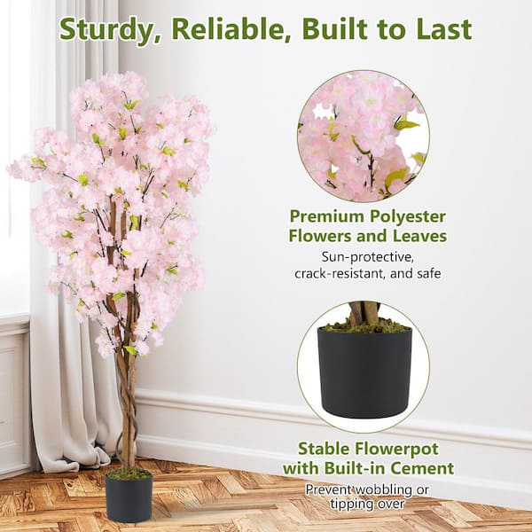 Gymax 59 in. Tall Artificial Cherry Blossom Tree Faux Flower Plant