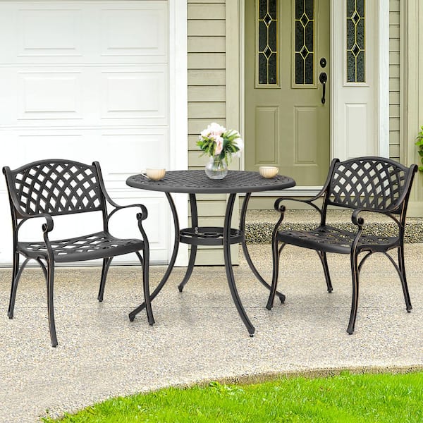 Nuu Garden Black with Gold-Painted Edge Cast Aluminum Outdoor Bistro Set with Umbrella Hole