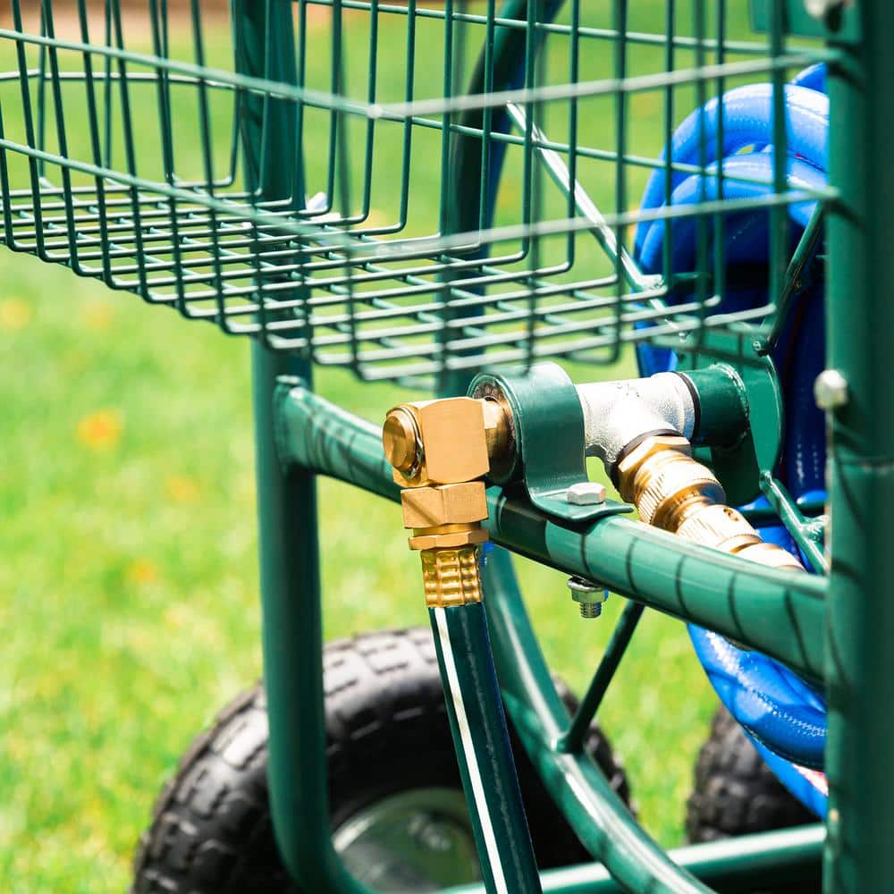 Green Steel 4-Wheel Garden Hose Reel Cart with Climate Resistant Finish