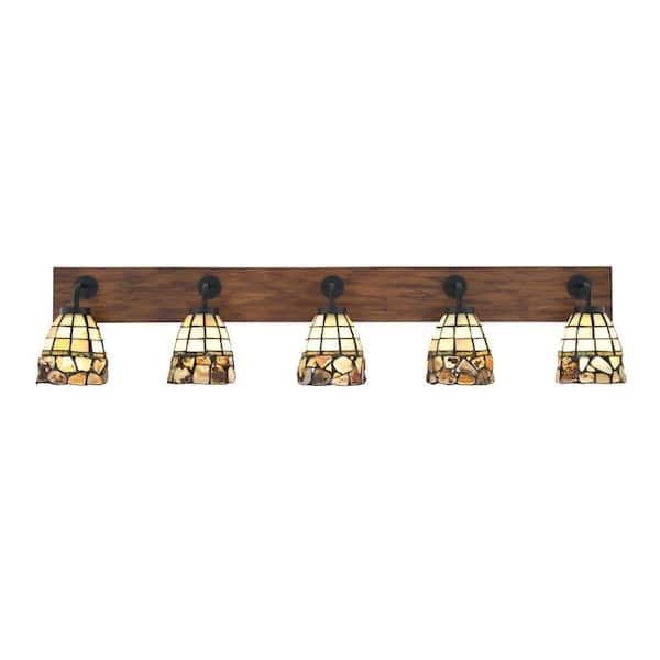 Kirby 46.5 in. 5 Light Black & Painted Wood-look Vanity Light with 7 in. Cobblestone Art Glass Shades No Bulbs Included