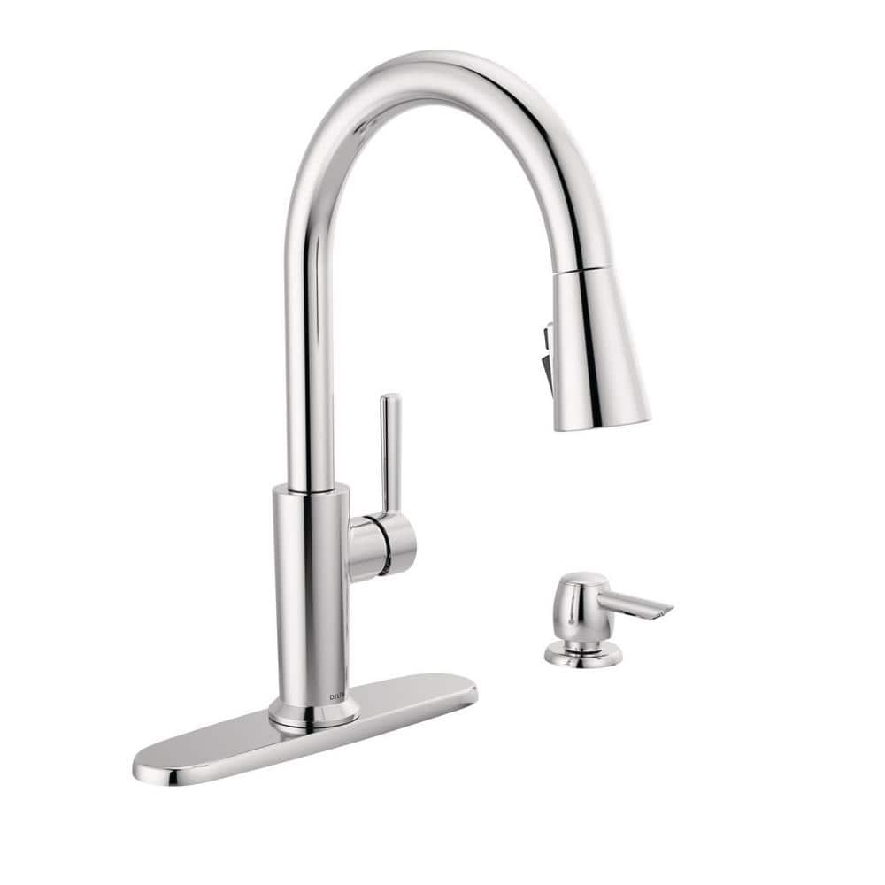 Delta Emery Single Handle Pull Down Sprayer Kitchen Faucet with ShieldSpray and Soap Dispenser in Chrome, Grey -  19805Z-SD-DST