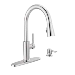 Emery Single Handle Pull Down Sprayer Kitchen Faucet with ShieldSpray and Soap Dispenser in Chrome