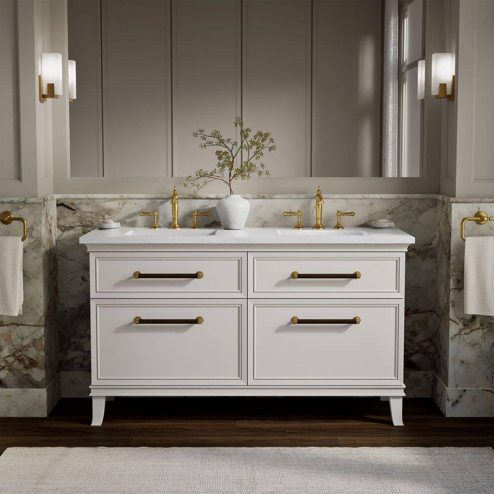 Artifacts 60 in. 2-Basin Freestanding Linen White Bath Vanity with White Eternal Statuario Quartz Top and Brass Hardware