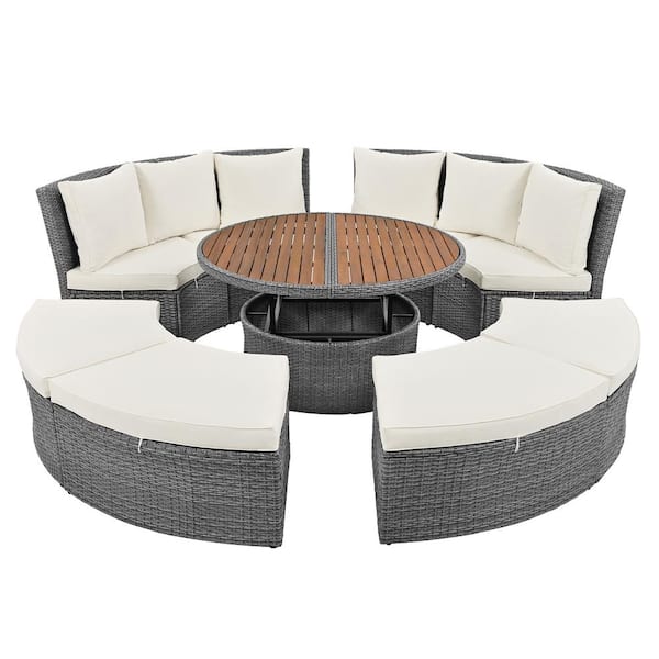 Zeus & Ruta 5-Piece Patio PE Wicker Outdoor Round Sunbed Day Bed with Beige Cushions and Liftable Table for Backyard Poolside