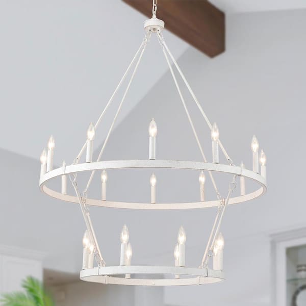 LWYTJO Wiam 40 in. 20 Light White 2-Tiers Candle Style Dimmable Farmhouse Wagon Wheel Chandelier for Entryway Living Room Foyer