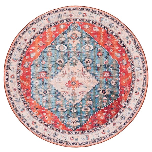 SAFAVIEH Tuscon Beige/Blue 7 ft. x 7 ft. Machine Washable Floral Border Round Area Rug