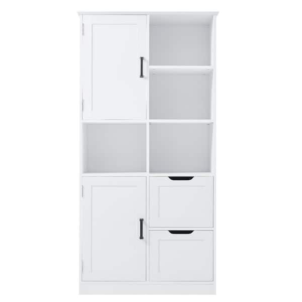 31 in. W x 16 in. D x 62 in. H White MDF Freestanding Linen Cabinet with Open Shelve