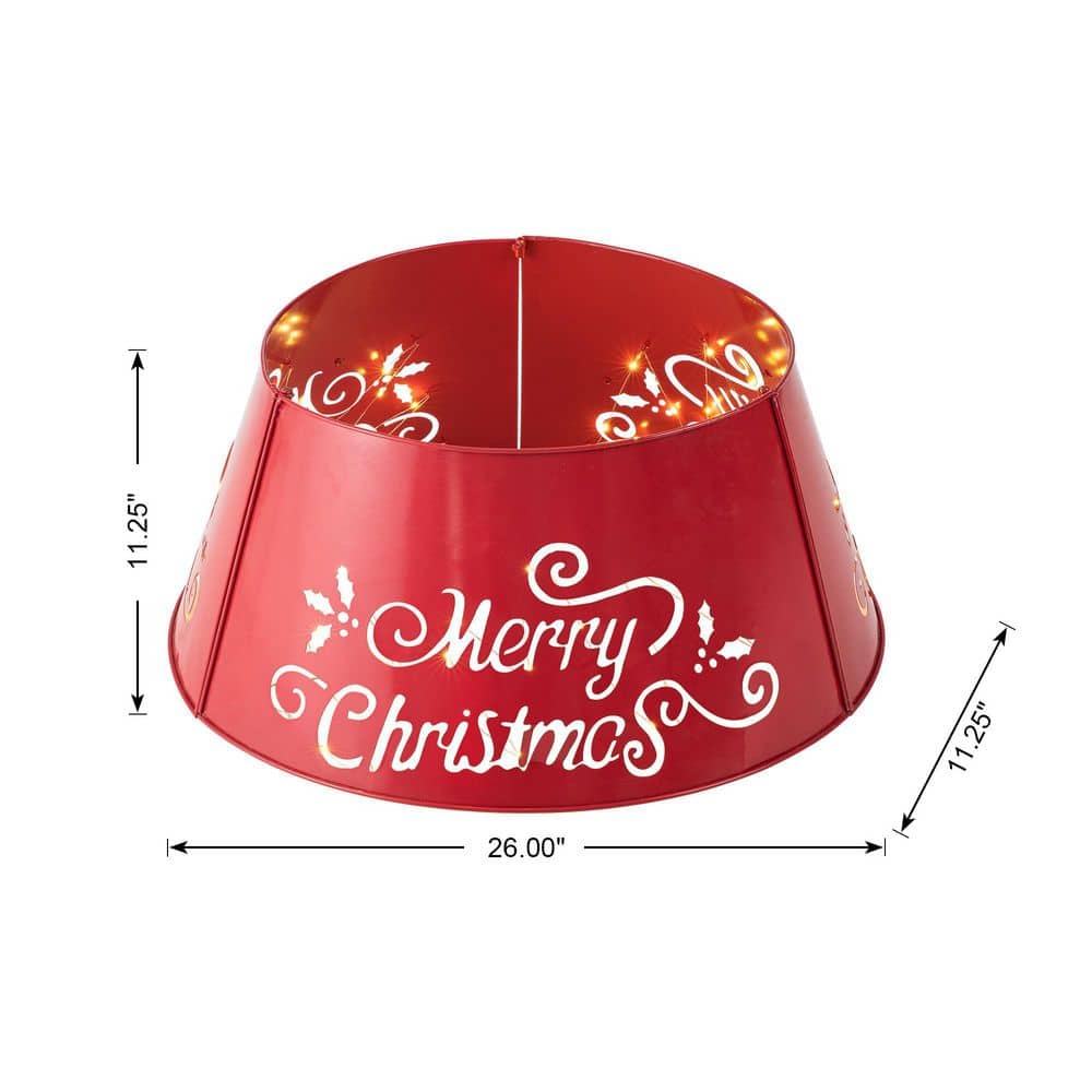 Red Metal Merry Christmas Tree Collar with Lights