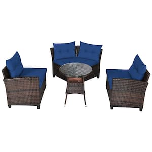4-Pieces Rattan Patio Furniture Set Outdoor Sectional Sofa Set with Navy Cushions