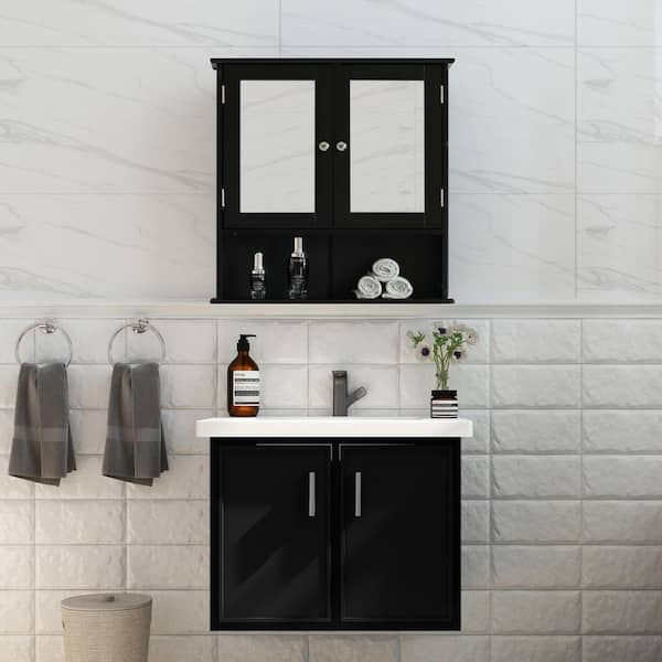 Basicwise Black Mirror Wall Mounted, Bathroom Wall Vanity Cabinet With Mirror
