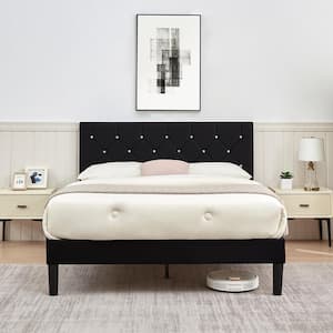 Upholstered Bed, Platform Bed with Adjustable Headboard, Wood Slat Support, No Box Spring Needed, Black Full Bed Frame