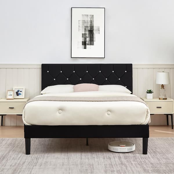 VECELO Upholstered Bed, Platform Bed with Adjustable Headboard, Wood Slat Support, No Box Spring Needed, Black Full Bed Frame