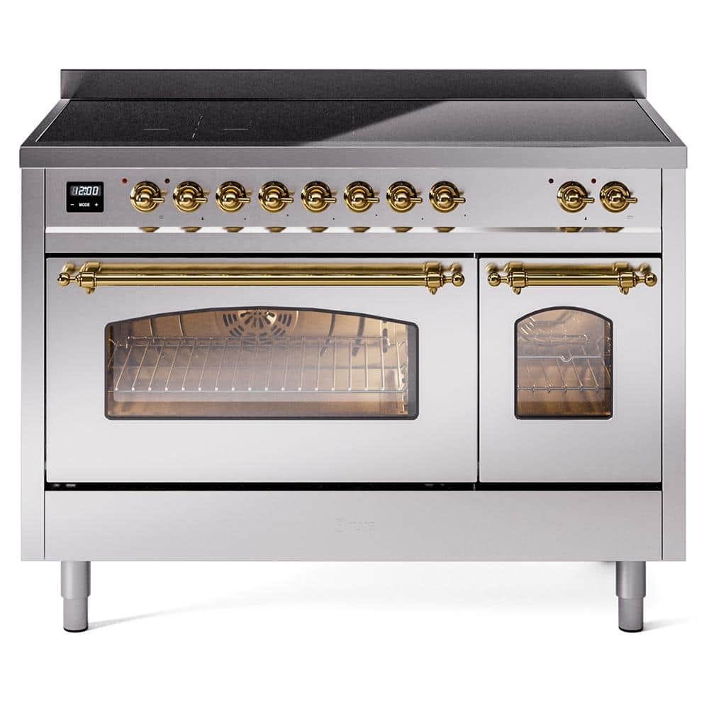 Nostalgie 48 in. 6 Zone Freestanding Double Oven Induction Range in Stainless Steel with Brass Trim -  ILVE, UPI486NMPSSG