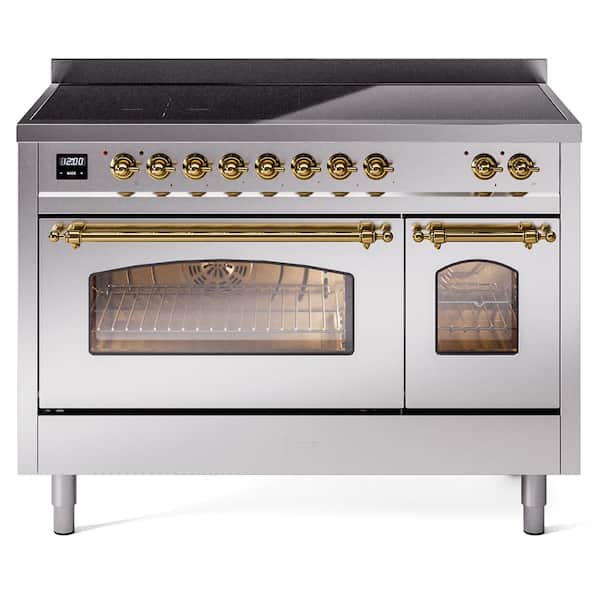 ILVE Nostalgie 48 in. 6 Zone Freestanding Double Oven Induction Range in Stainless Steel with Brass Trim