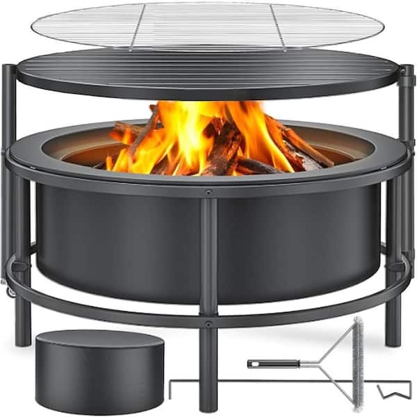 52 in. Large Fire Pit for Outdoors,Wood Burning Fire Pit Made of Cold-Rolled Steel,Includes Poker, BBQ Net, Brush, Cover