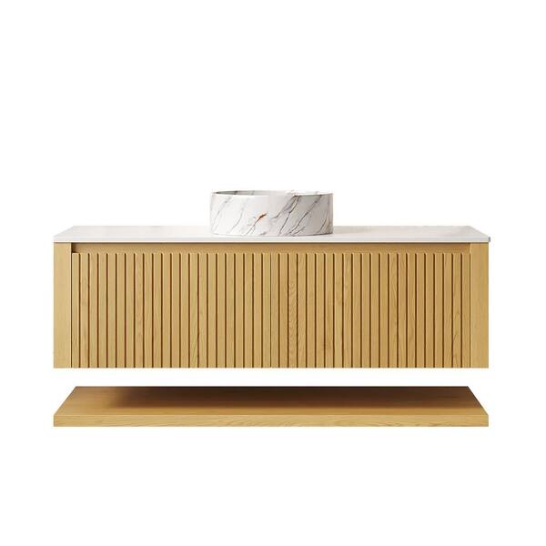 TCYO 48 in. Wall Mounted Light Oak Bath Vanity with White Sintered Stone Top