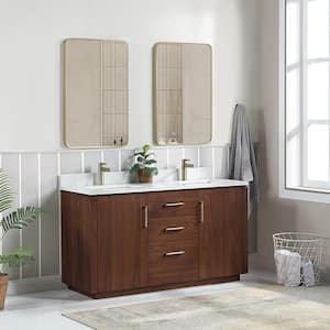 San 60 in.W x 22 in.D x 33.8 in.H Double Sink Bath Vanity in Natural Walnut with White Composite Stone Top