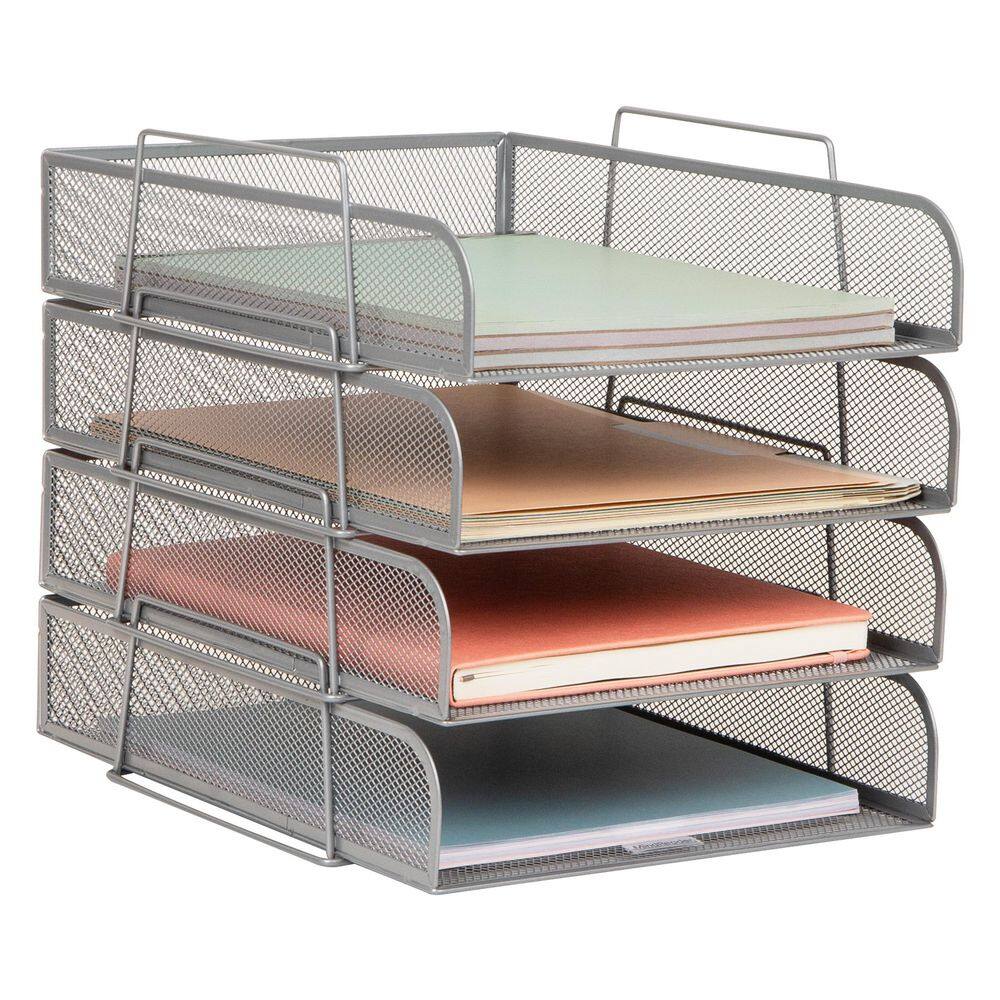 10.5"L x13. 5"W x11. 25"H, Stackable Paper Tray, Desktop Organizer, File Storage, Office, Metal, 4 Pcs., Silver