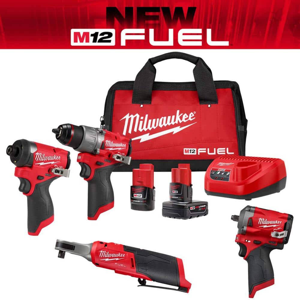 Milwaukee M12 FUEL 12-Volt Li-Ion Brushless Cordless Hammer Drill/Impact Driver/Ratchet Combo Kit(3-Tool) w/3/8 in. Impact Wrench