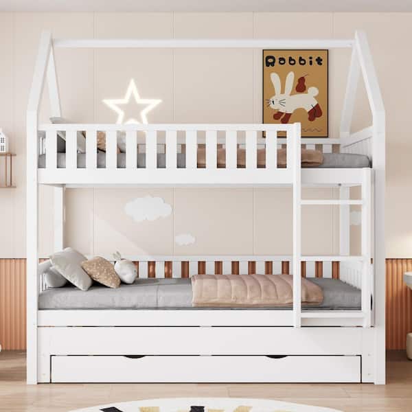 White Twin over Twin Bunk Bed with Fence, Trundle and Three Storage Drawers