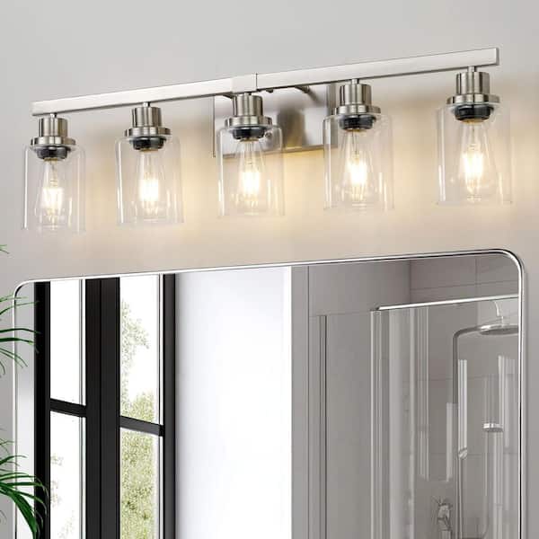 31.1 in. 5-Light Brushed Nickel Modern Bathroom Vanity Light with Clear Glass Shade