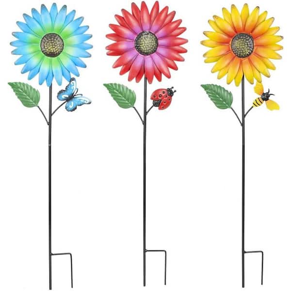 3-Pack Metal Flower Garden Stakes-Colorful Waterproof Decor for