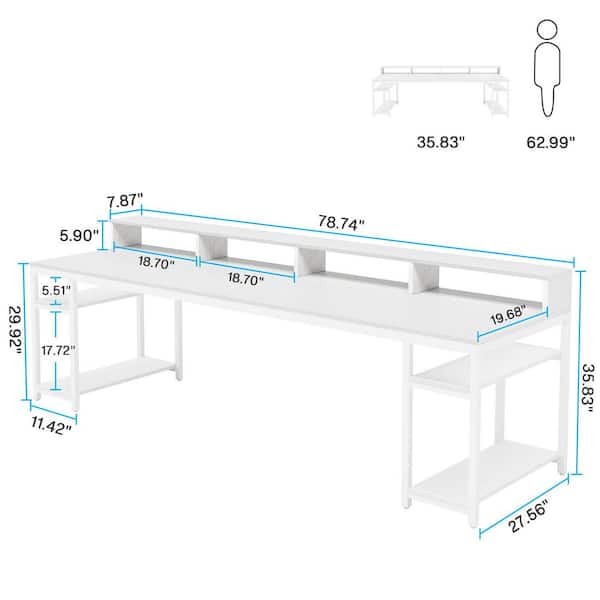 Moronia 78.7 in. Rectangular White Engineered Wood 2-Person Computer Desk with Monitor Stand and Storage Shelves