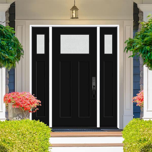 Legacy 64 in. x 80 in. 1/4 Toplite Rain Glass LHIS Primed Black Finish Fiberglass Prehung Front Door w/Dbl 12 in. SL