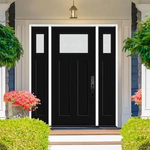 Legacy 68 in. x 80 in. 1/4 Toplite Rain Glass LHIS Primed Black Finish Fiberglass Prehung Front Door w/Dbl 14 in. SL