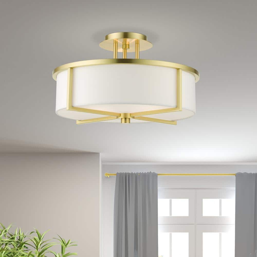 Satin Brass and Glass 3-Light Drum Semi-Flush Mount