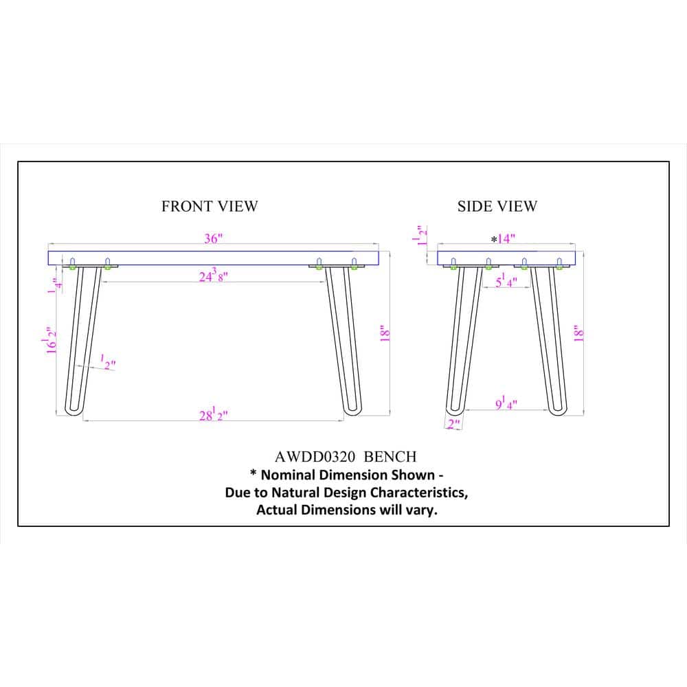Handcrafted Natural Live Edge 38" Bench with Hairpin Metal Legs