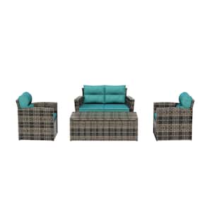 Alpine Brown 4-Piece Rattan Wicker Patio Conversation Set with Turquoise Cushions