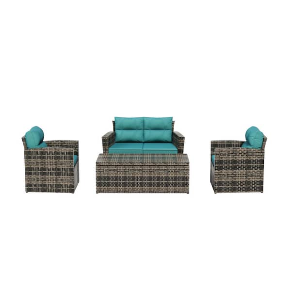 WESTIN OUTDOOR Alpine Brown 4-Piece Rattan Wicker Patio Conversation Set with Turquoise Cushions