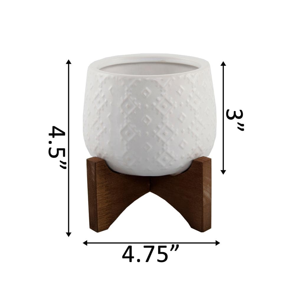 Matte White Ceramic & Wood Stand Indoor Planter, 4.75"