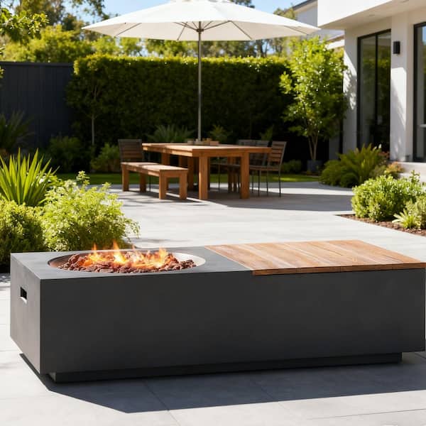 Outdoor 50000 Btu Dark Gray Rectangular Lightweight Concrete Fire Pit Table with Storage (Tank Cover not Included)