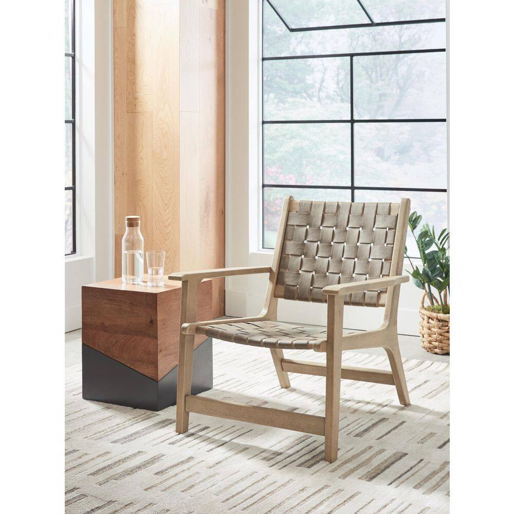 Beige Leather and Wood Woven Accent Chair