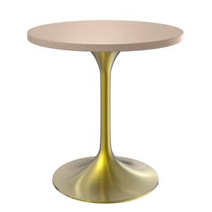 Verve Mid-Century Modern 27 in. Round Dining Table with MDF Top and Brushed Gold Pedestal Base, Light Natural Wood