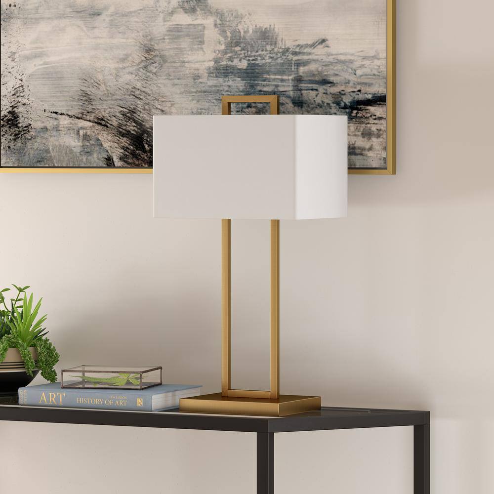 Brass and White Rectangular Nightstand Lamp with Oblong Shade