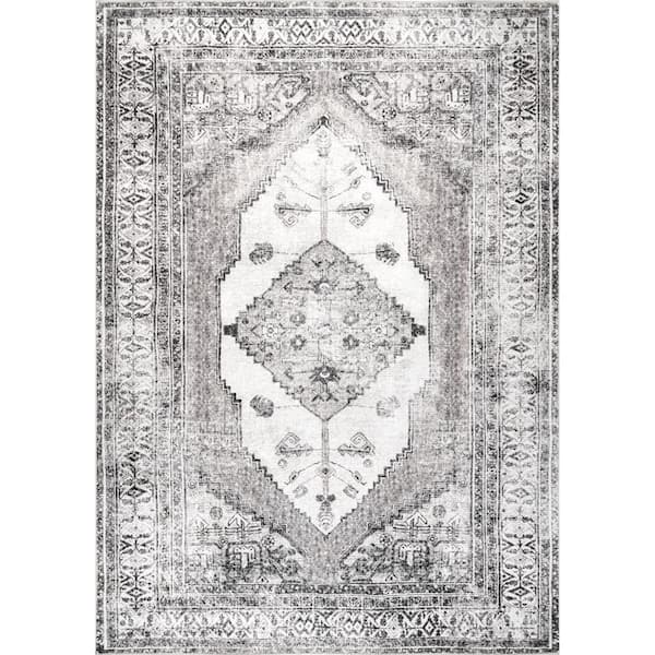 nuLOOM Gladys Light Grey Doormat 2 ft. x 3 ft.  Machine Washable Vintage Medallion Indoor Area Rug