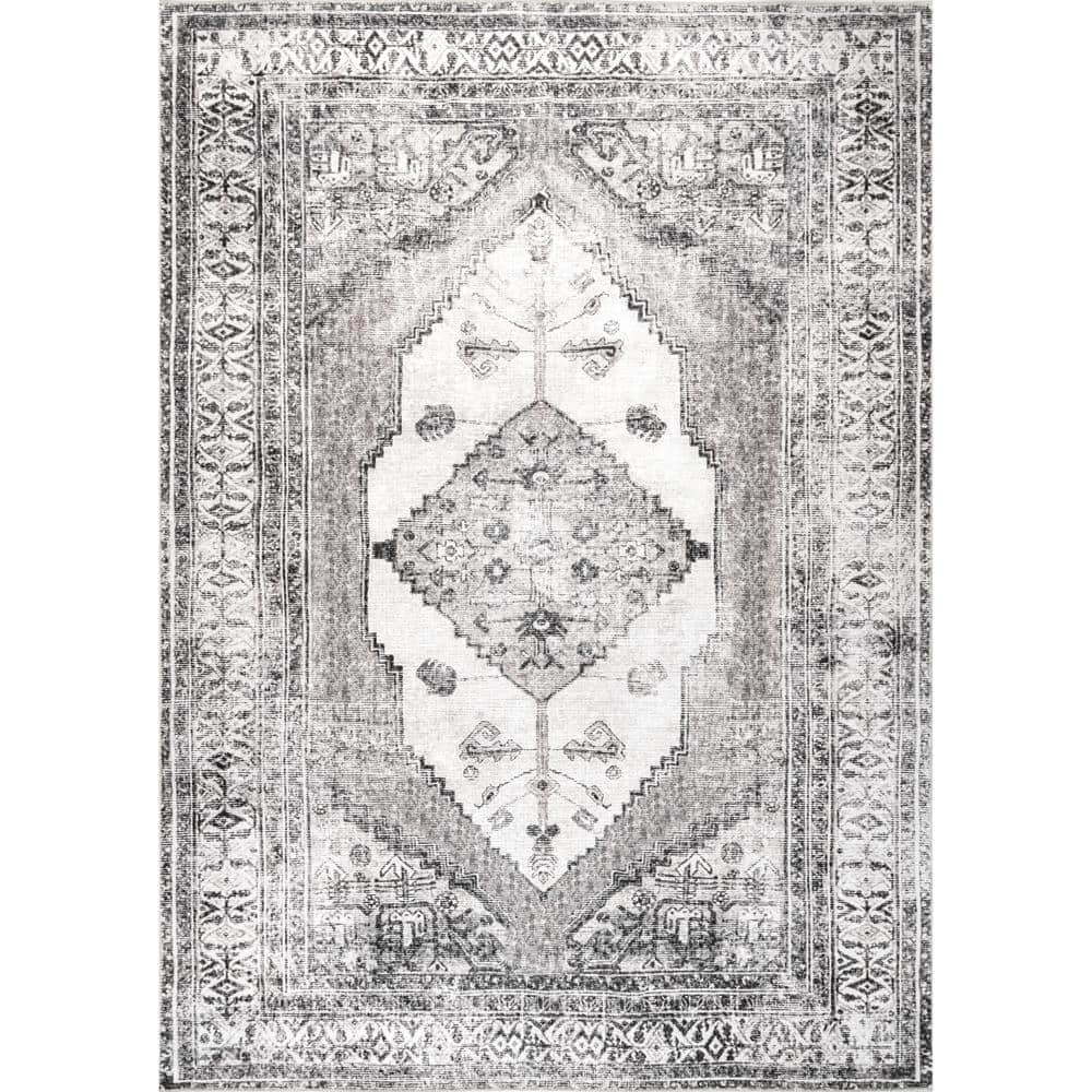 Light Gray Synthetic Medallion Washable Rectangular Area Rug 3' x 5'