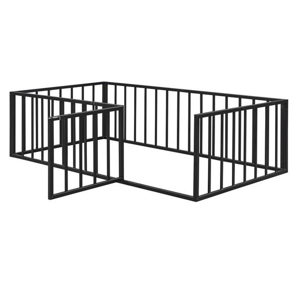 Black Metal Frame Twin Size Floor Platform Bed with Full-Length Fence Guardrails and Door