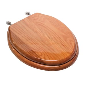 Designer Wood Elongated Closed Front Toilet Seat with Cover and Brushed Nickel Hinge in Piano Oak