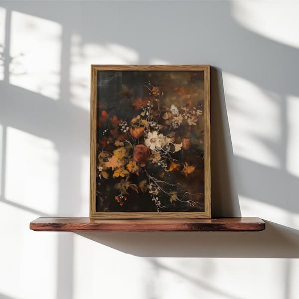Wood Framed Vintage Floral Wall Art in Dark Moody Flower Wall