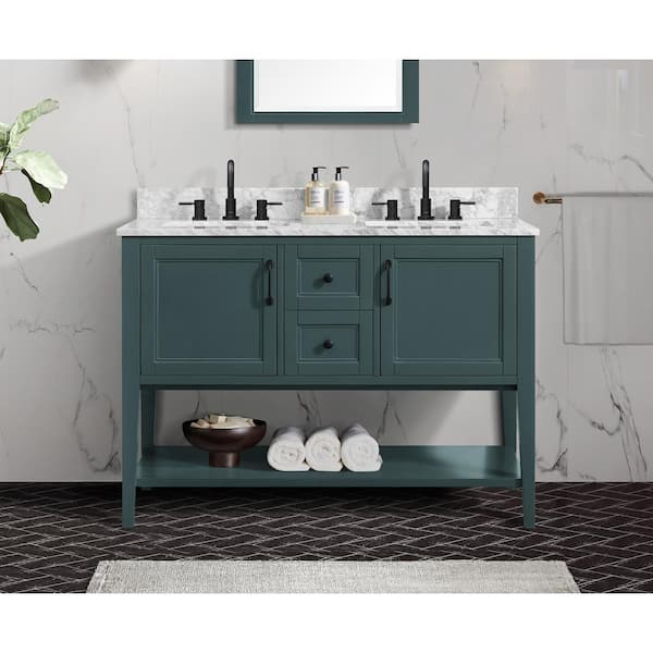 Home Decorators Collection Sherway 49 in W x 22 in D x 35 in H Double Sink Freestanding Bath Vanity in Antigua Green With White Carrara Marble Top