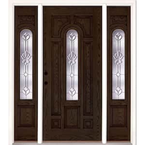 63.5 in.x81.625 in. Medina Zinc Center Arch Lt Stained Walnut Oak Right-Hand Fiberglass Prehung Front Door w/Sidelites