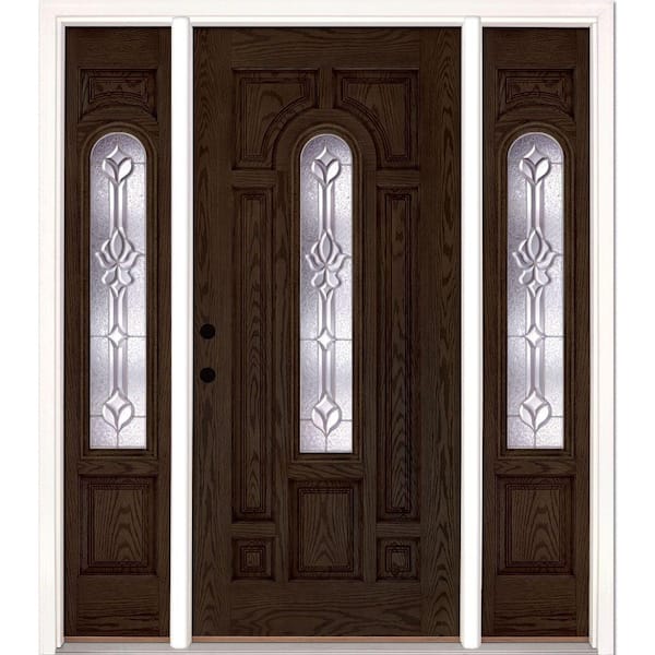 Feather River Doors 63.5 in.x81.625 in. Medina Zinc Center Arch Lt Stained Walnut Oak Right-Hand Fiberglass Prehung Front Door w/Sidelites