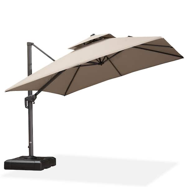 PURPLE LEAF 10 ft. Square 2-Tier Aluminum Cantilever 360° Rotation Patio Umbrella with Base in Ground, Beige