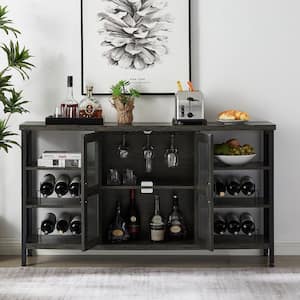 Gray and Black Rustic Wood Wine Bar Cabinet for Liquor and Glasses, Double Sideboard and Buffet Cabinet, Wine Rack Table